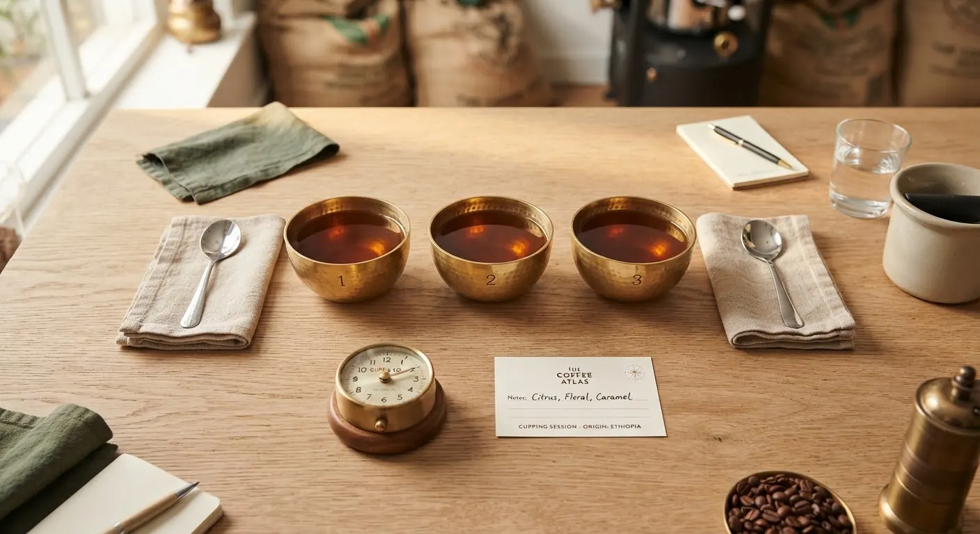 A cupping table seen from above: brass tasting bowls of coffee, spoons, linen napkins and a scoring card