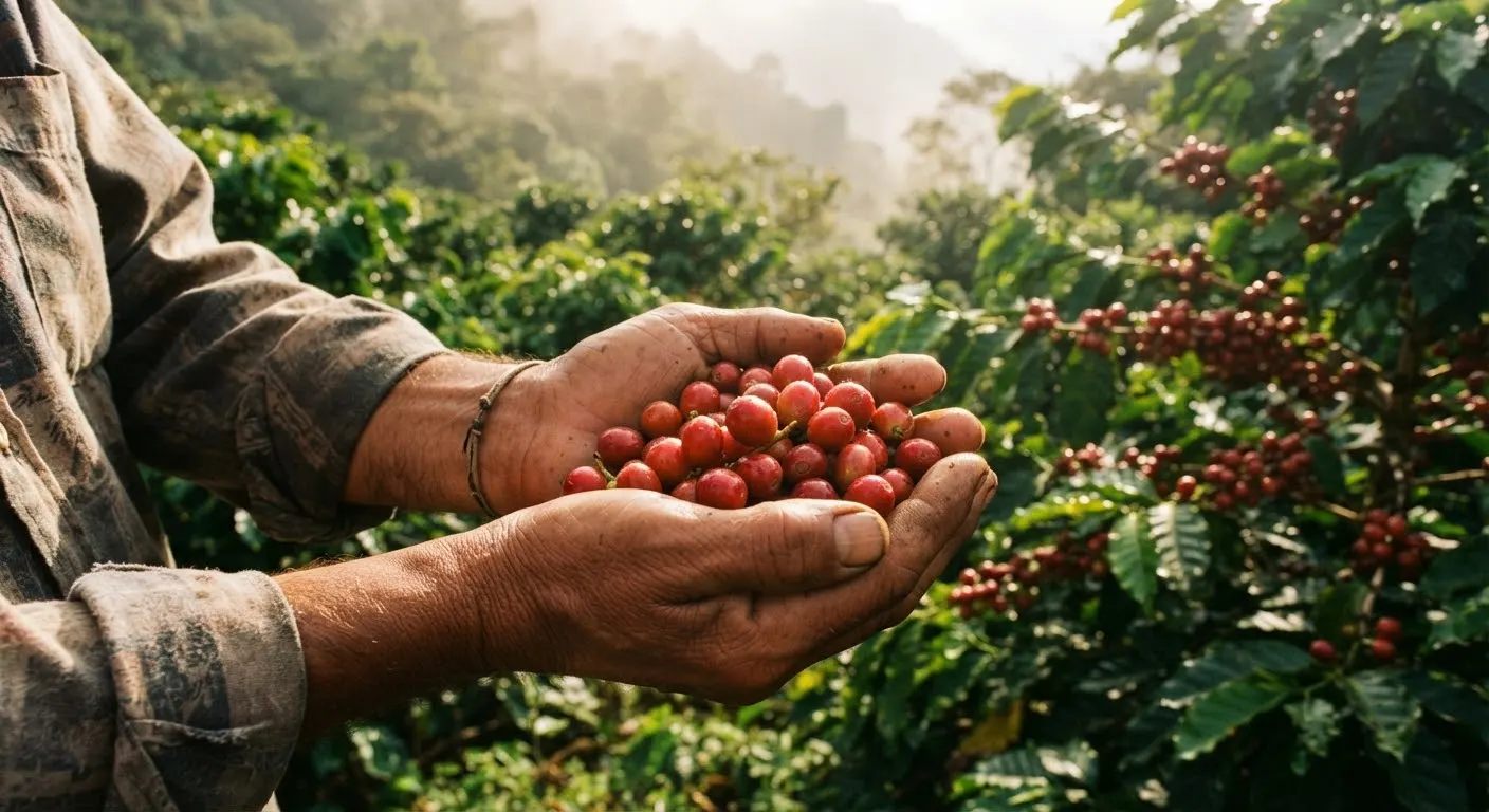 Weathered hands cupping freshly picked red coffee cherries in front of coffee shrubs on a misty hillside