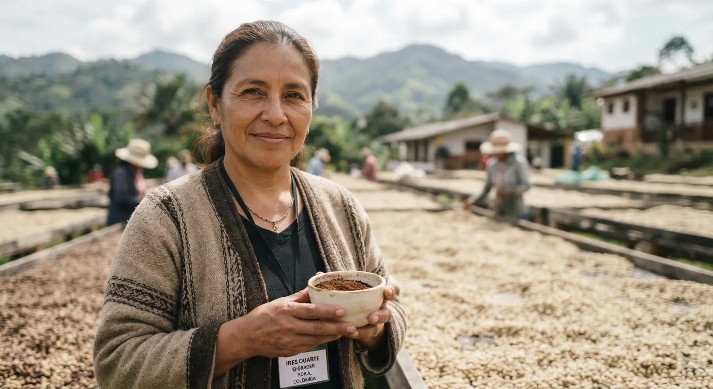 Inés Duarte holding a ceramic cup on a coffee farm with drying beds behind her