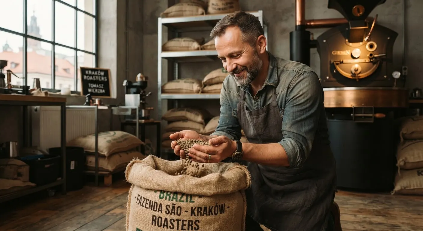 Tomasz Wierzba scooping green coffee from a jute sack in his roastery